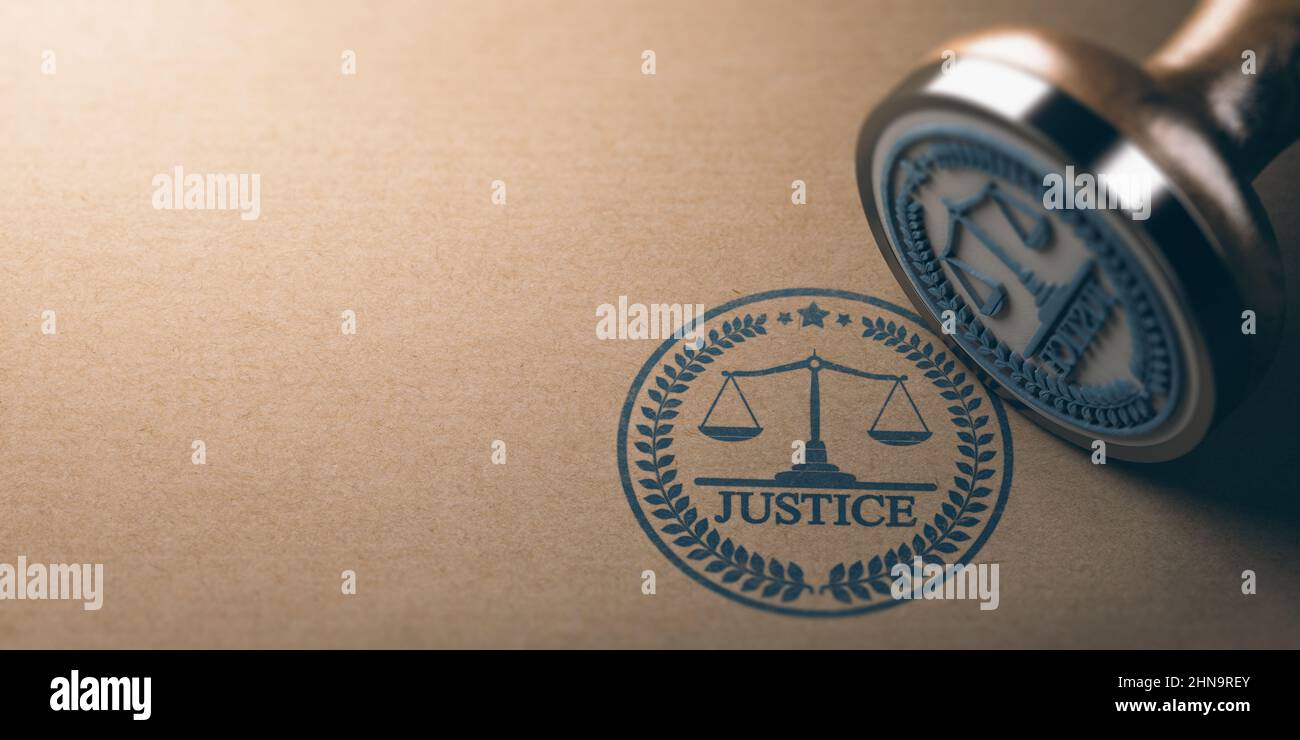 3d illustration of a rubber stamp with the word justice and a scale of justice printed on kraft paper background with copy space. Stock Photo