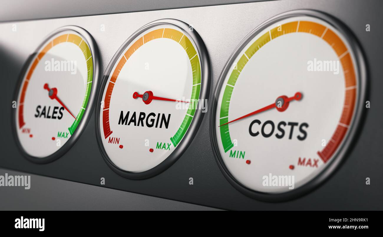 3d illustration of sales, margin and costs gauges.  Concept of profitability analysis. Financial metrics. Stock Photo