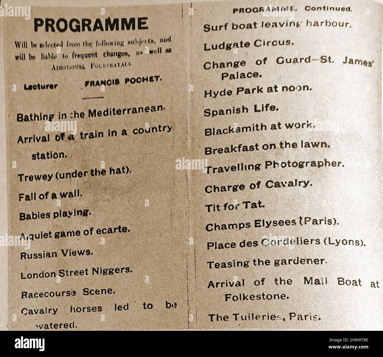 1900 - Programme for the first real picture theatre at Marlborough Hall, Polytechnic Institute, Regent Street, London, UK for Auguste Lumieres & Louis Lumiere (sole manager  Trewey). It consisted of a series of short films accompanied by a commentry from the stage by Francis Pochet (or Poohet).The first showing of the programme had been on February 20th 1896. Stock Photo