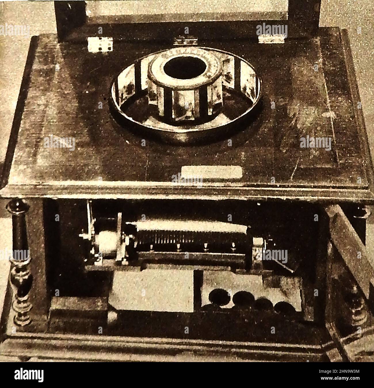 1900 - A Praxinoscope used to provide musical backings to silent films via an internal music box. Used at the first real picture theatre at Marlborough Hall, Polytechnic Institute, Regent Street, London, UK for Auguste Lumieres & Louis Lumiere (sole manager  Trewey). It consisted of a series of short films accompanied by a commentry from the stage.The first showing of the programme had been on February 20th 1896. Stock Photo