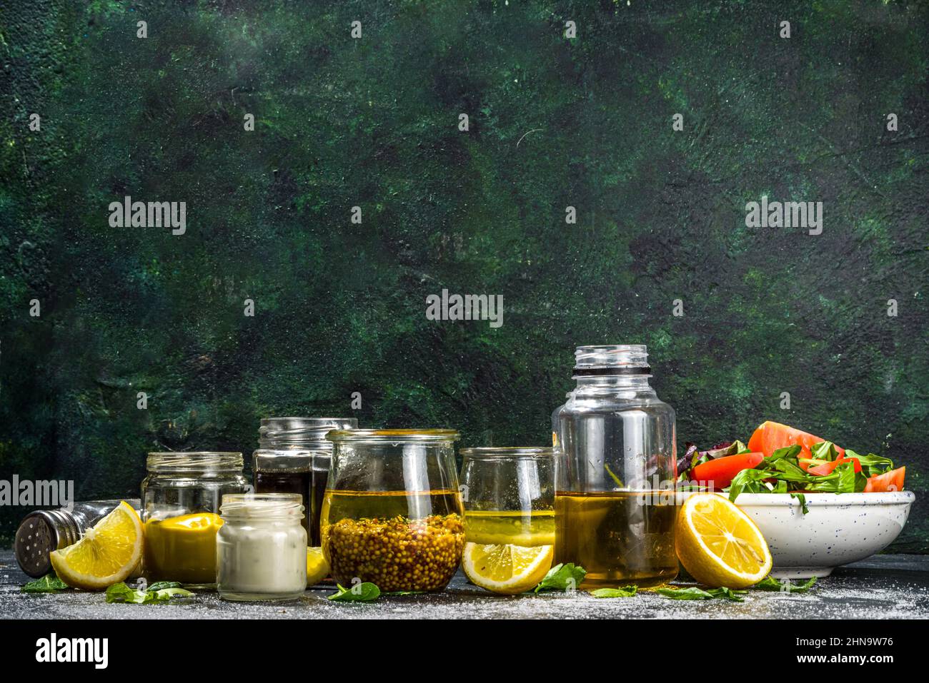 Variety of homemade salad dressings. Set of various salad sauces, oil