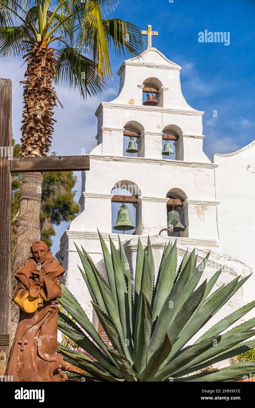 The belltower of the Mission Basilica San Diego de Alcalá. San Diego, California, USA. Stock Photo