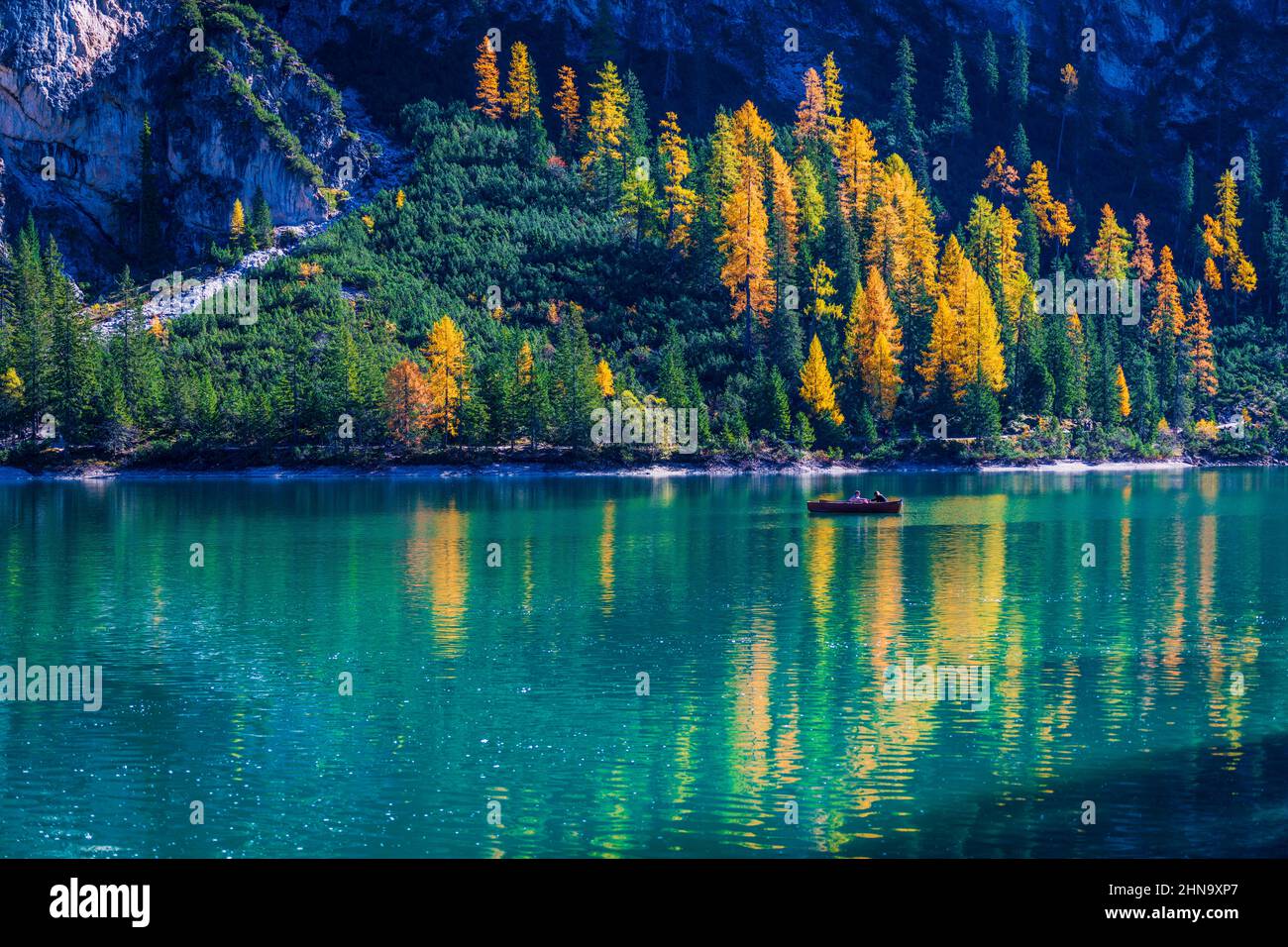 Autumn And Golden Reflections On Lake Braies Park Of The Dolomites Autumn And Golden Reflections On Lake Braies Park Of The Dolomites