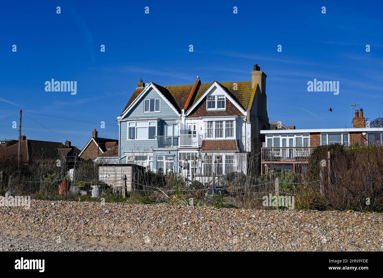Pevensey Bay Views East Sussex England UK - Houses overlooking the seafront and beach Stock Photo