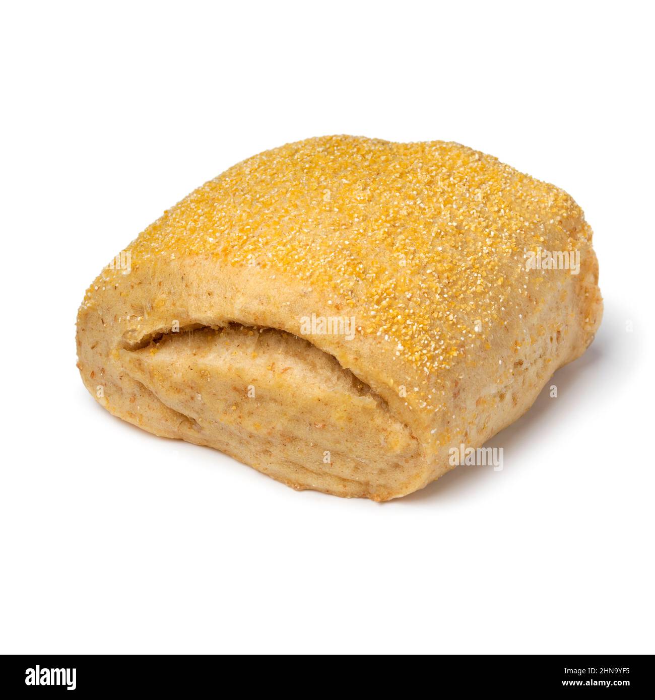 Single fresh baked corn bun close up isolated on white background Stock Photo