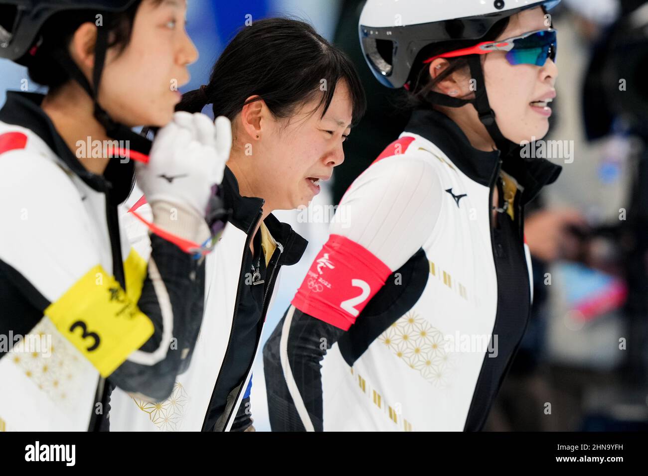 BEIJING, CHINA - FEBRUARY 15: Nana Takagi of Japan is sad and cries after her fall in the final for gold competing on the Women's Team Pursuit during the Beijing 2022 Olympic Games at the National Speedskating Oval on February 15, 2022 in Beijing, China (Photo by Douwe Bijlsma/Orange Pictures) NOCNSF Stock Photo
