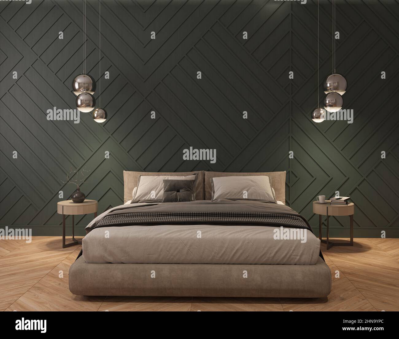 Modern bedroom interior with dark green walls, wooden floor, master bed ...