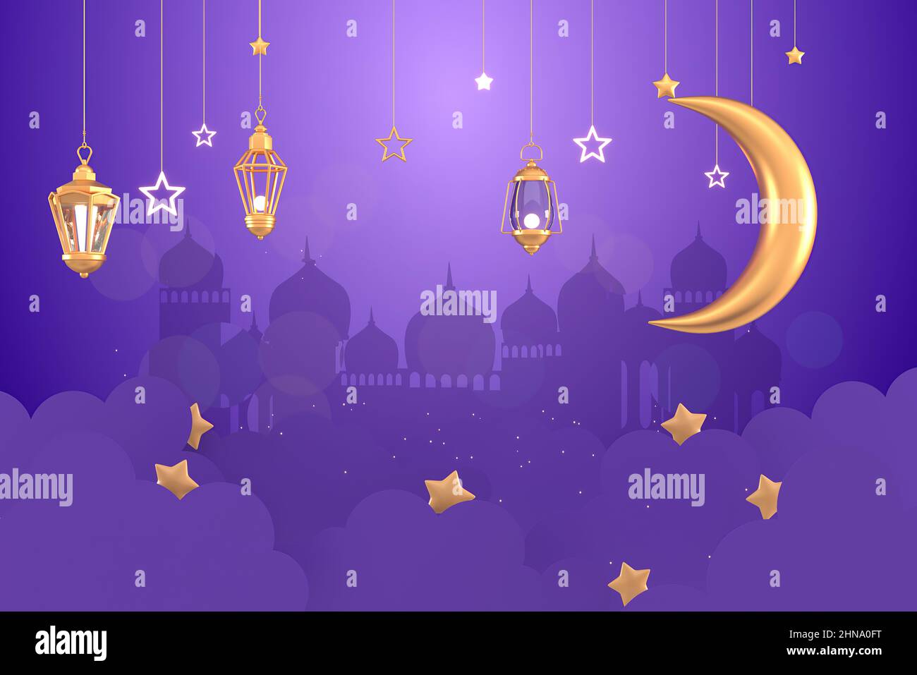 Ramadan kareem islamic background with mosque and arabic lantern posters  for the wall • posters night scene, purple, copy space