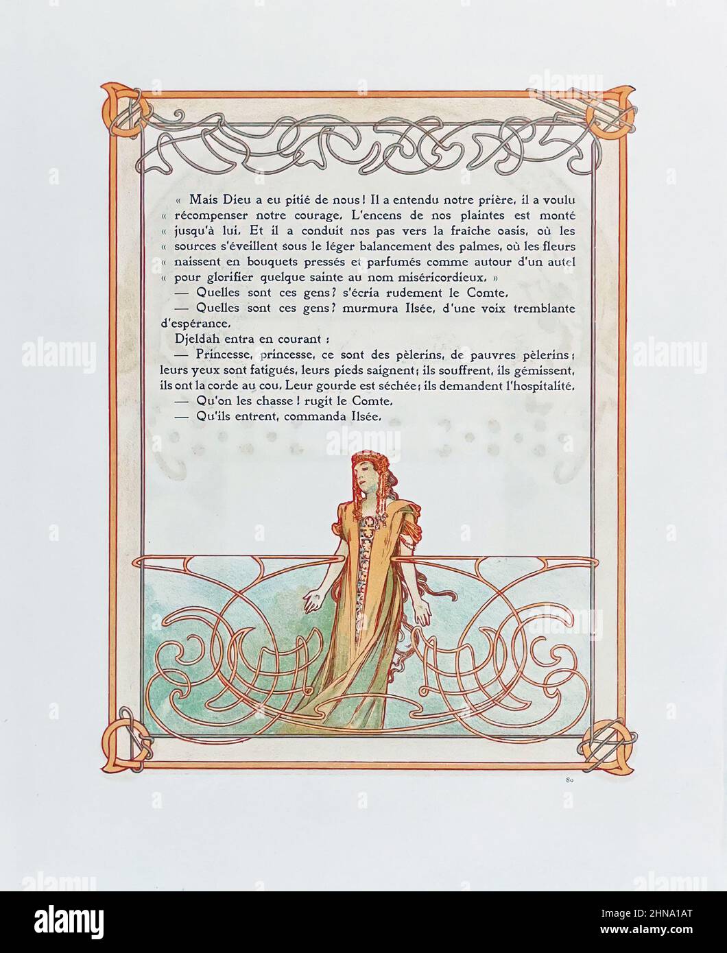 Vintage art nouveau. Book page illustrated by Alphonse Mucha.'Ornate Page'. C 1897. Work for Robert de Flers entitled Ilsee, Princess of Tripoli. Stock Photo