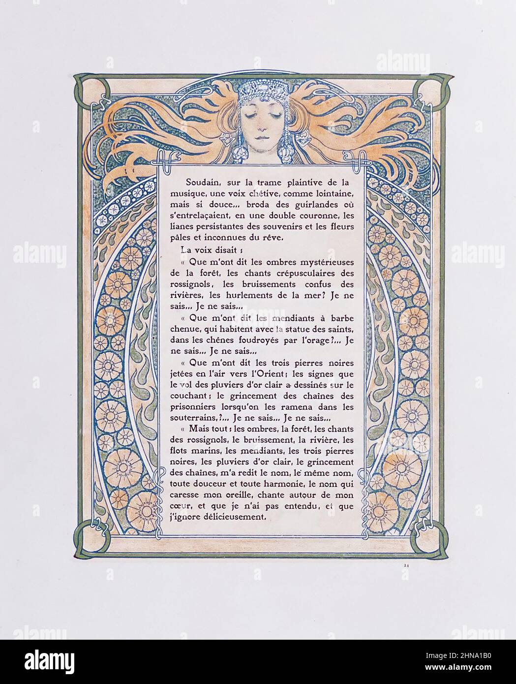 Vintage art nouveau. Book page illustrated by Alphonse Mucha.'Ornate Page'. C 1897. Work for Robert de Flers entitled Ilsee, Princess of Tripoli. Stock Photo