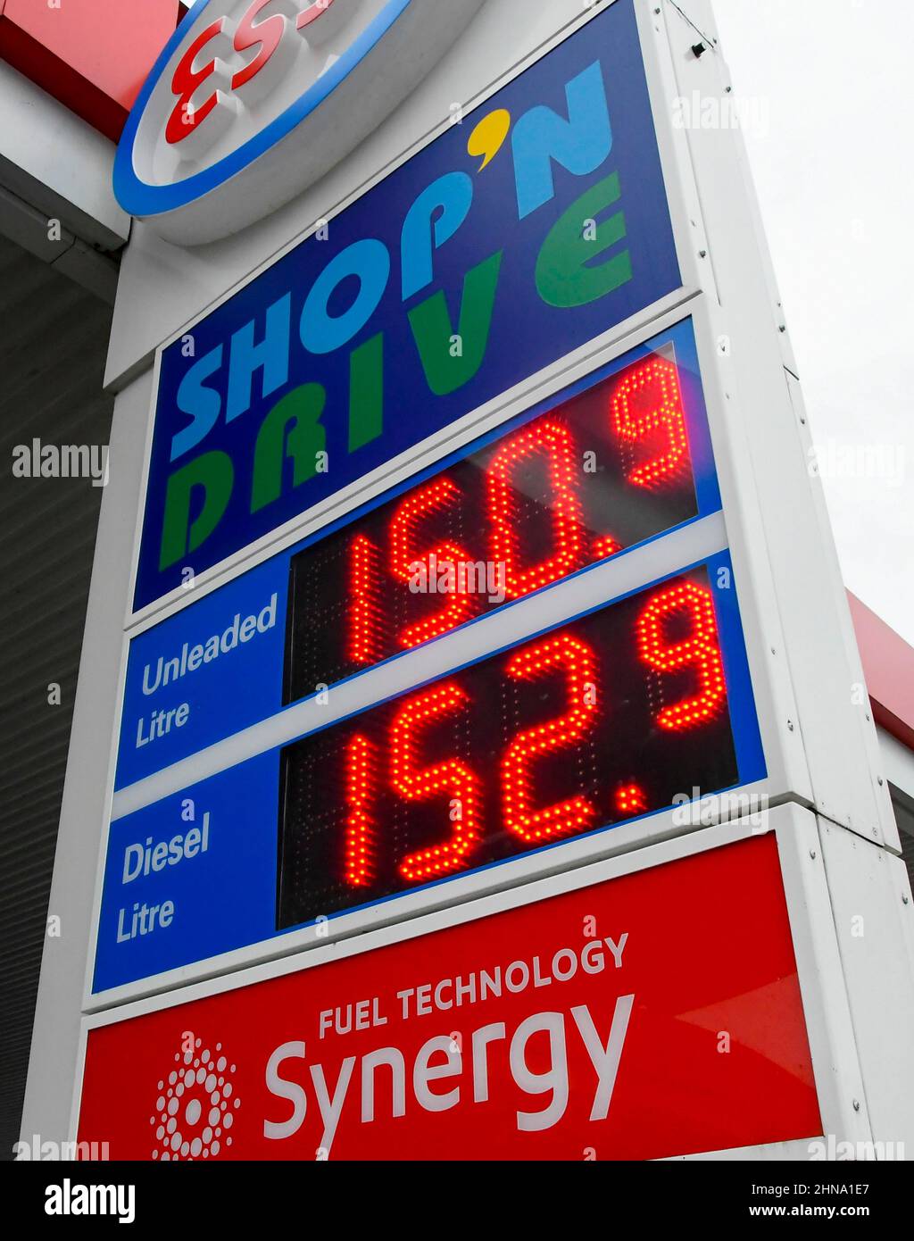 Bridport, Dorset, UK. 15th February 2022. Fuel prices are increasing again. The sign at the ESSO