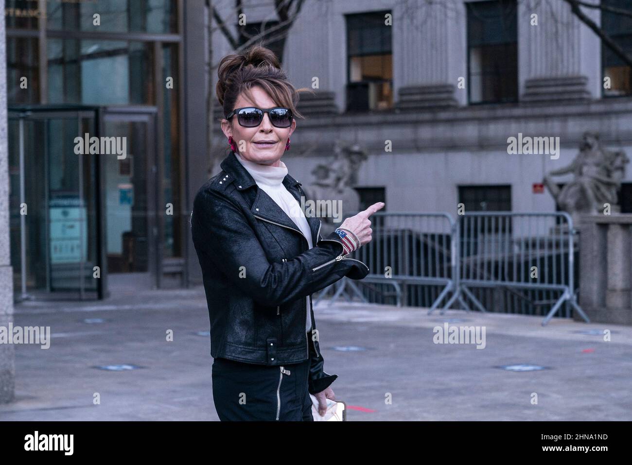 New York, United States. 14th Feb, 2022. Sarah Palin, former Governor of Alaska leaves court after judge Jed Rakoff dismissed her libel case against The New York Times at U.S. Southern District Court. She briefly addressed the media in front of the court. The jury is still deliberating as the judge made his decision apparently did not know about it. The judge said Palin had failed to show that The New York Times had acted out of malice. (Photo by Lev Radin/Pacific Press) Credit: Pacific Press Media Production Corp./Alamy Live News Stock Photo