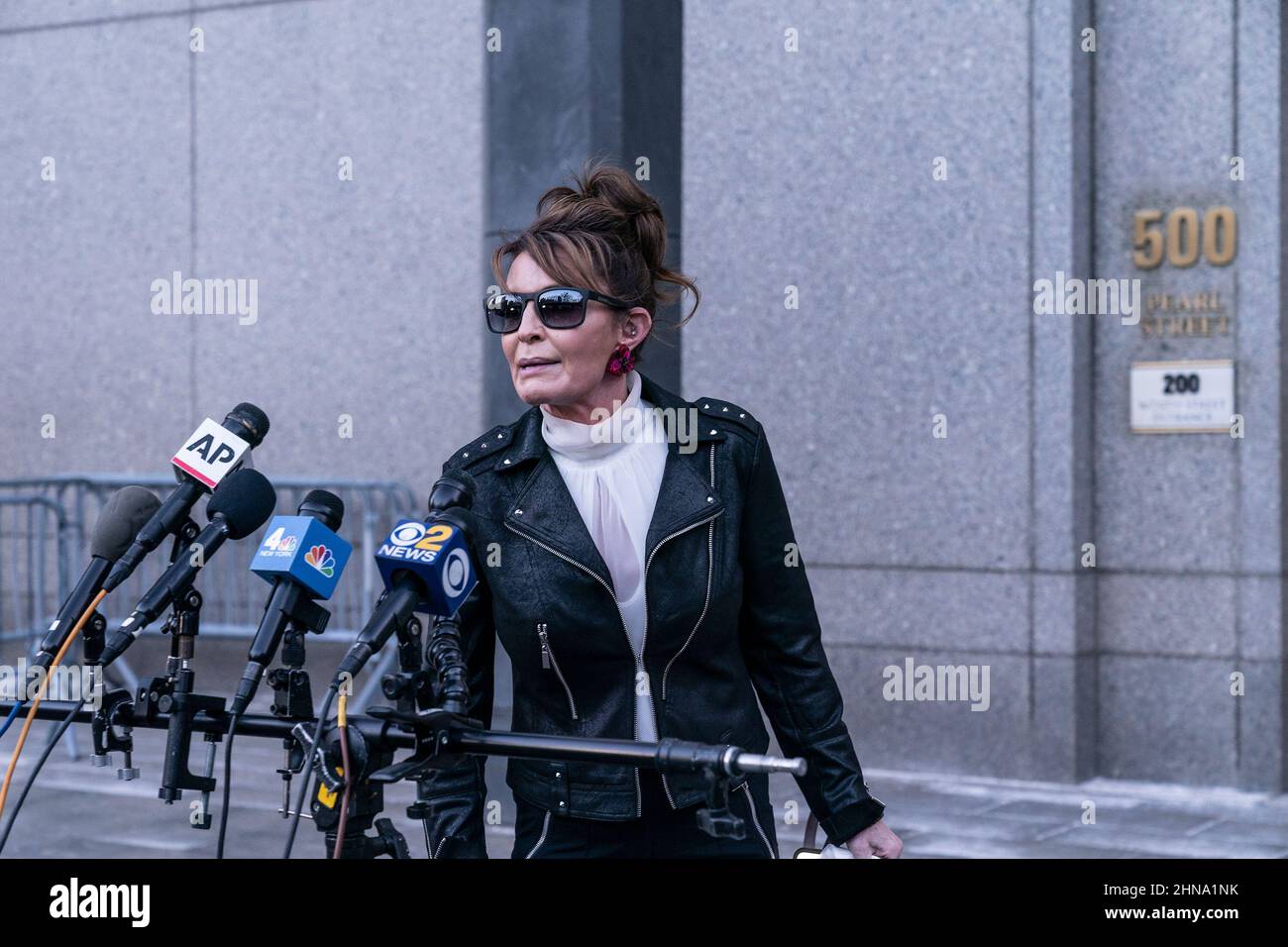 New York, United States. 14th Feb, 2022. Sarah Palin, former Governor of Alaska leaves court after judge Jed Rakoff dismissed her libel case against The New York Times at U.S. Southern District Court. She briefly addressed the media in front of the court. The jury is still deliberating as the judge made his decision apparently did not know about it. The judge said Palin had failed to show that The New York Times had acted out of malice. (Photo by Lev Radin/Pacific Press) Credit: Pacific Press Media Production Corp./Alamy Live News Stock Photo