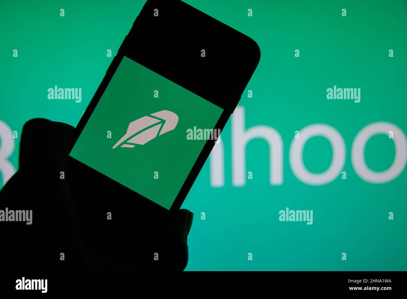 Rheinbach, Germany  23 October 2021,  The brand logo of the financial services provider 'Robinhood' on the display of a smartphone Stock Photo