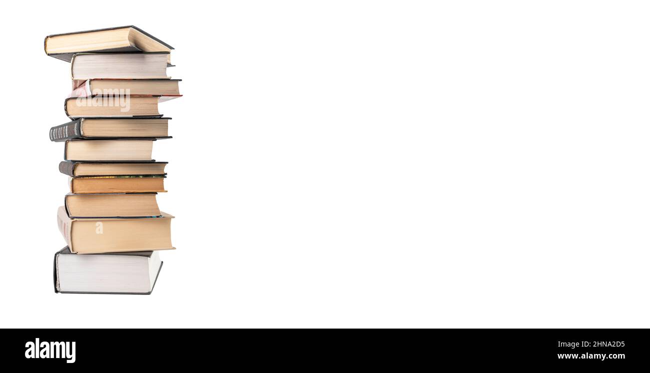 Banner with large books stack isolated on white background. Education, reading leisure, data search concept. Place for text. High quality photo Stock Photo