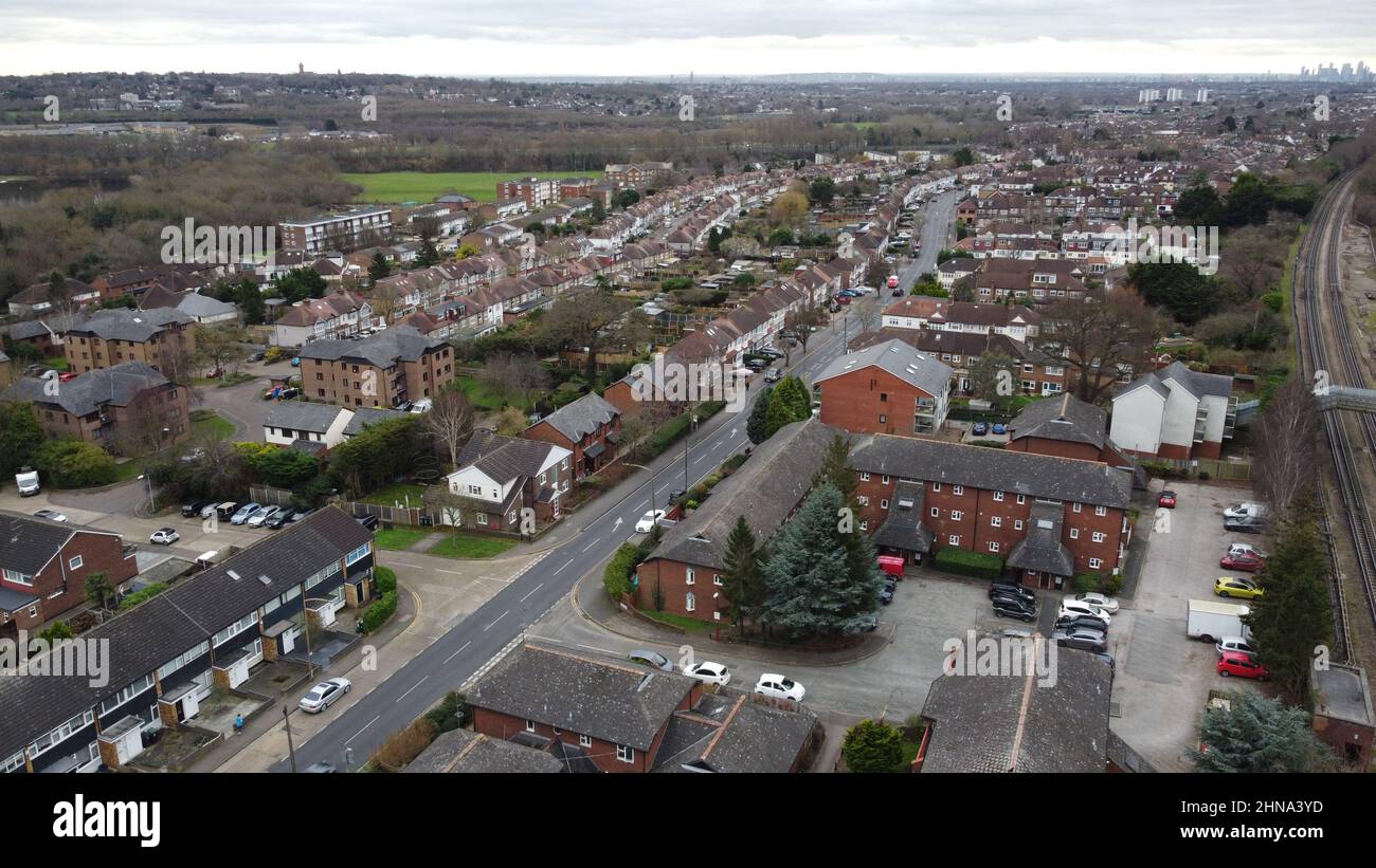 Buckhurst Hill , Essex UK drone Aerial view of Queens road area Stock Photo