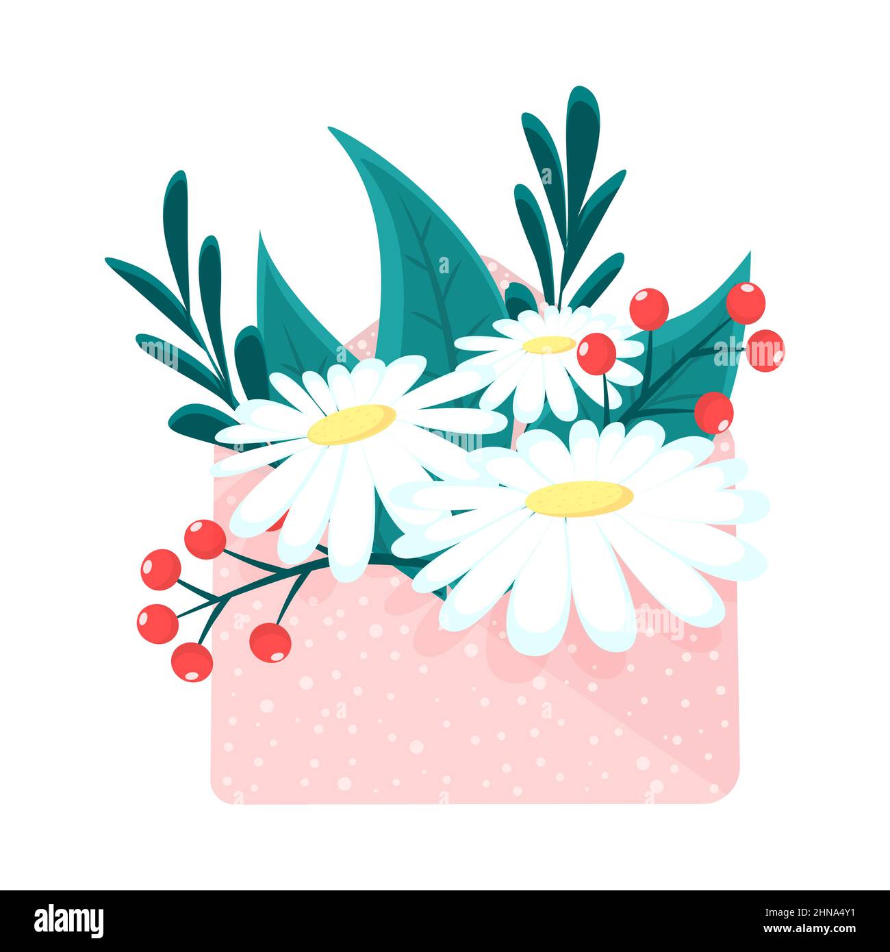 Beautiful flowers inside the festive envelope. Spring floral bouquet ...
