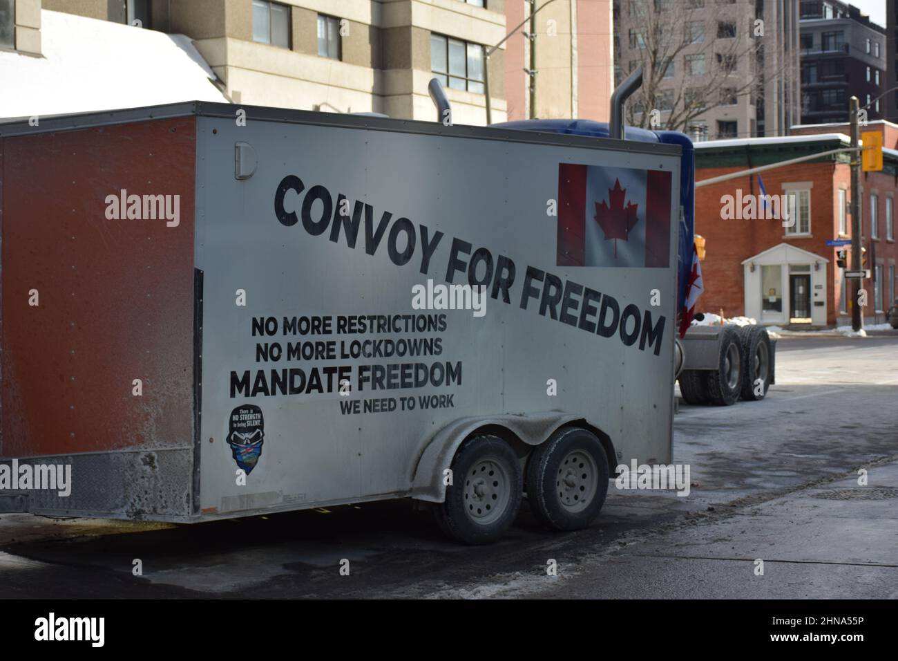 A trailer of the convoy for freedom blocking the street in downtown Ottawa, Canada Stock Photo