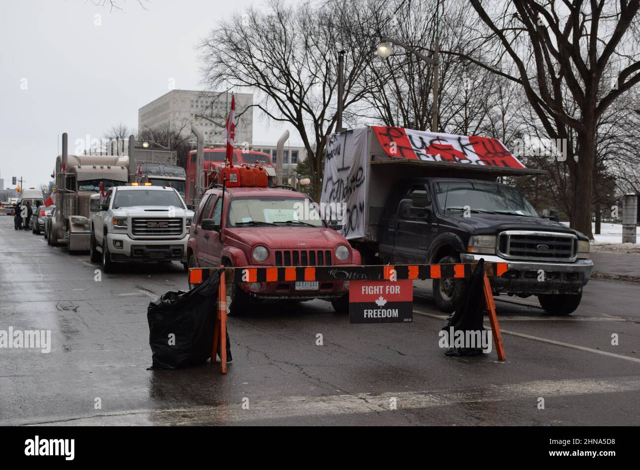 Semi trailers and trucks blocking Wellington street in downtown Ottawa Stock Photo