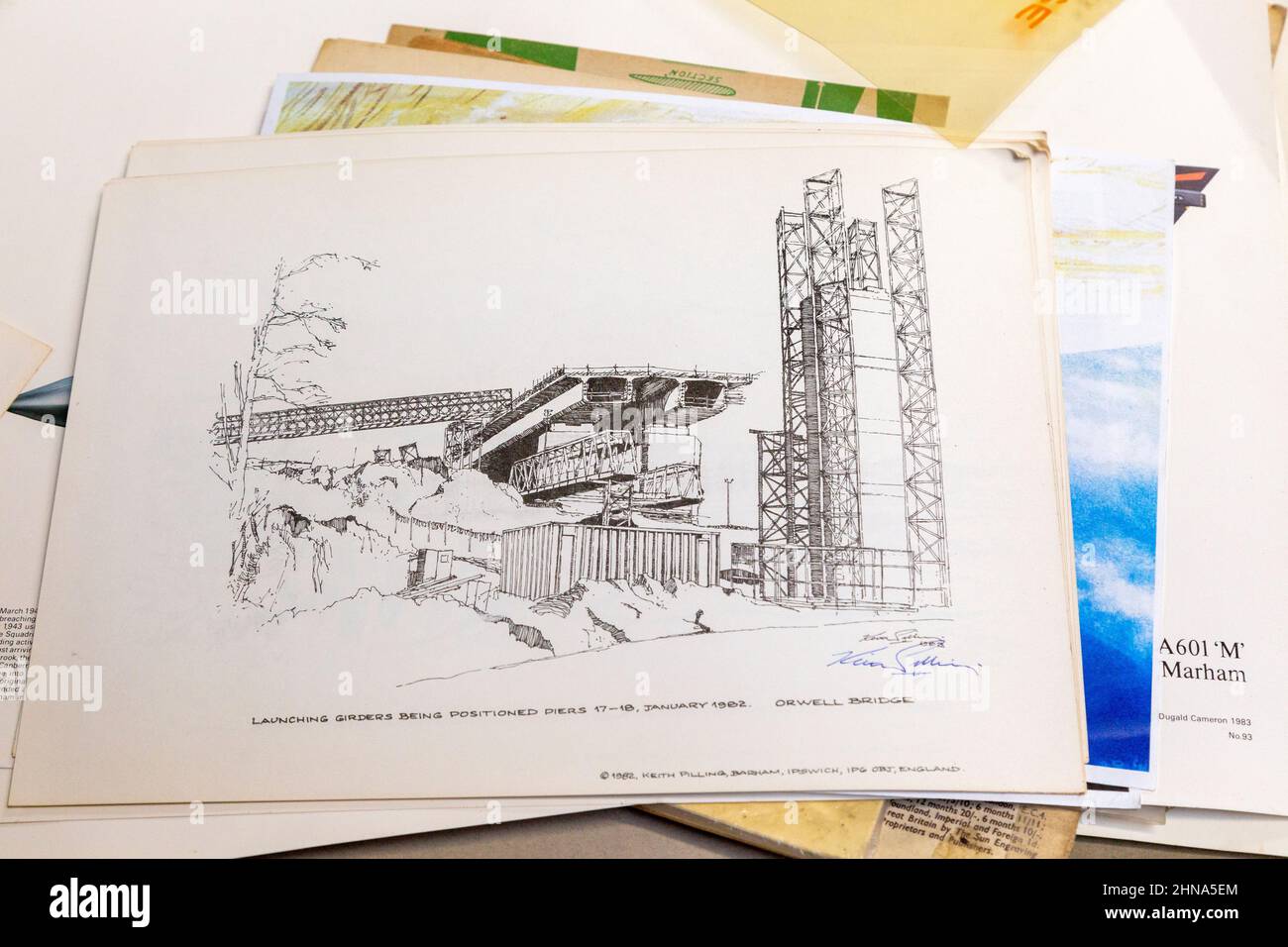Pile of prints - drawing construction of Orwell Bridge, Ipswich, Suffolk, England, 1982 by Keith Pilling Stock Photo
