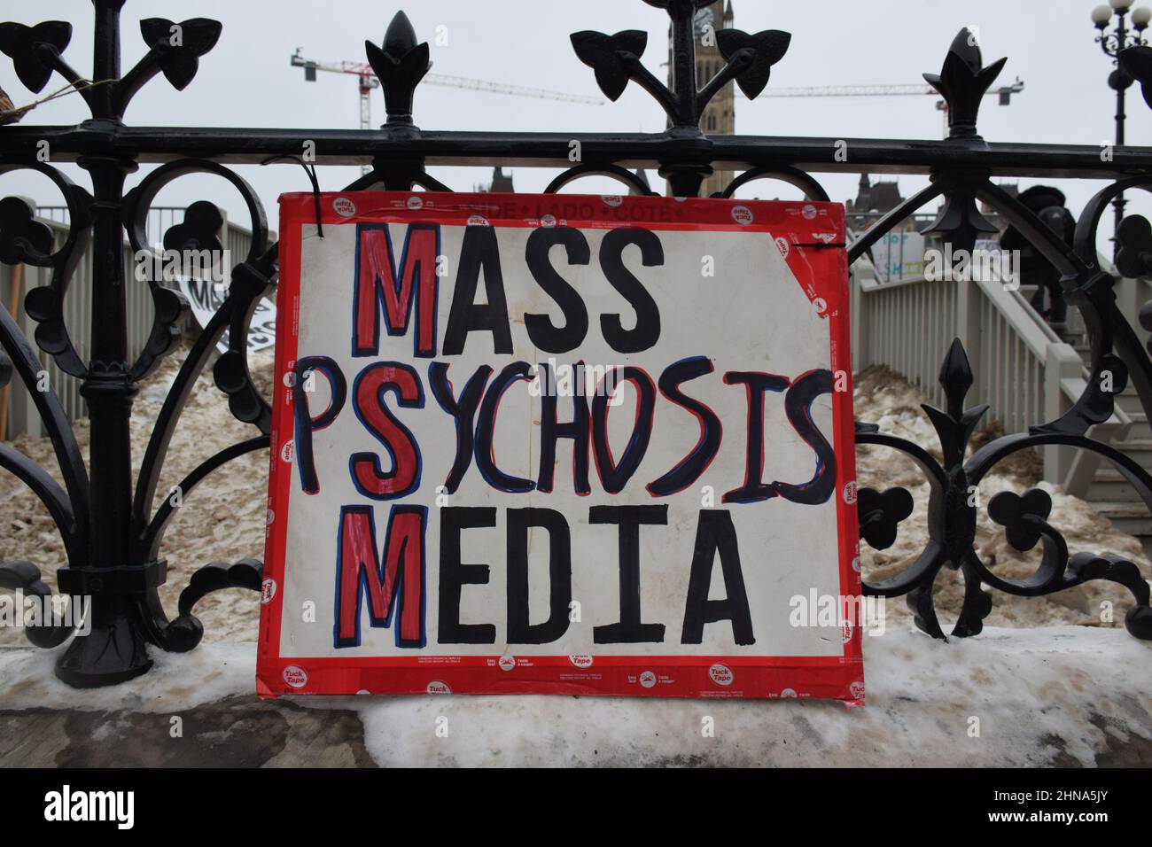 Hand made sign that reads mass psychosis media Stock Photo