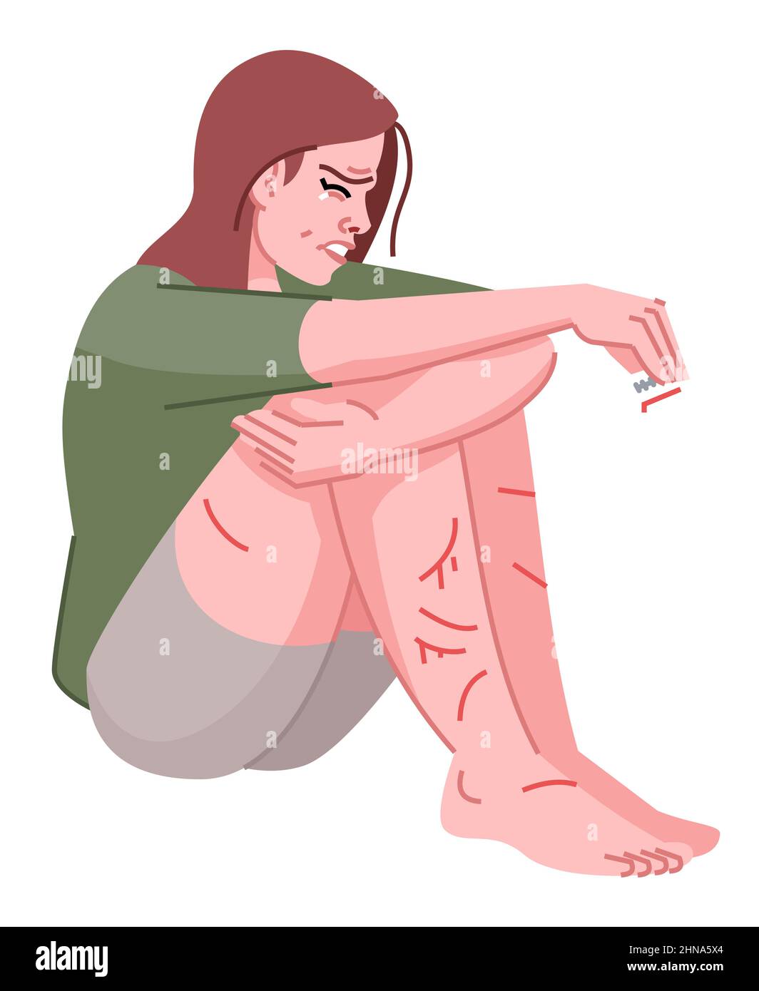 Crying girl hurting herself semi flat RGB color vector illustration Stock Vector