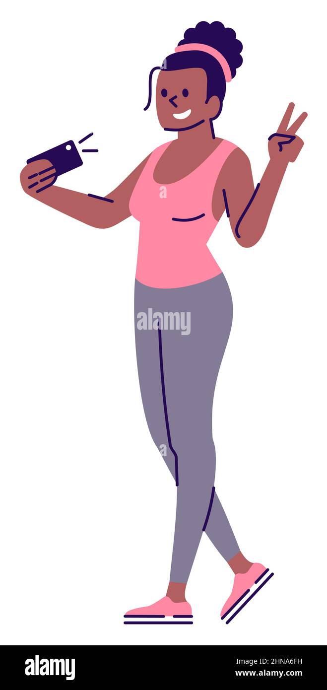Athletic girl taking selfie semi flat RGB color vector illustration Stock Vector