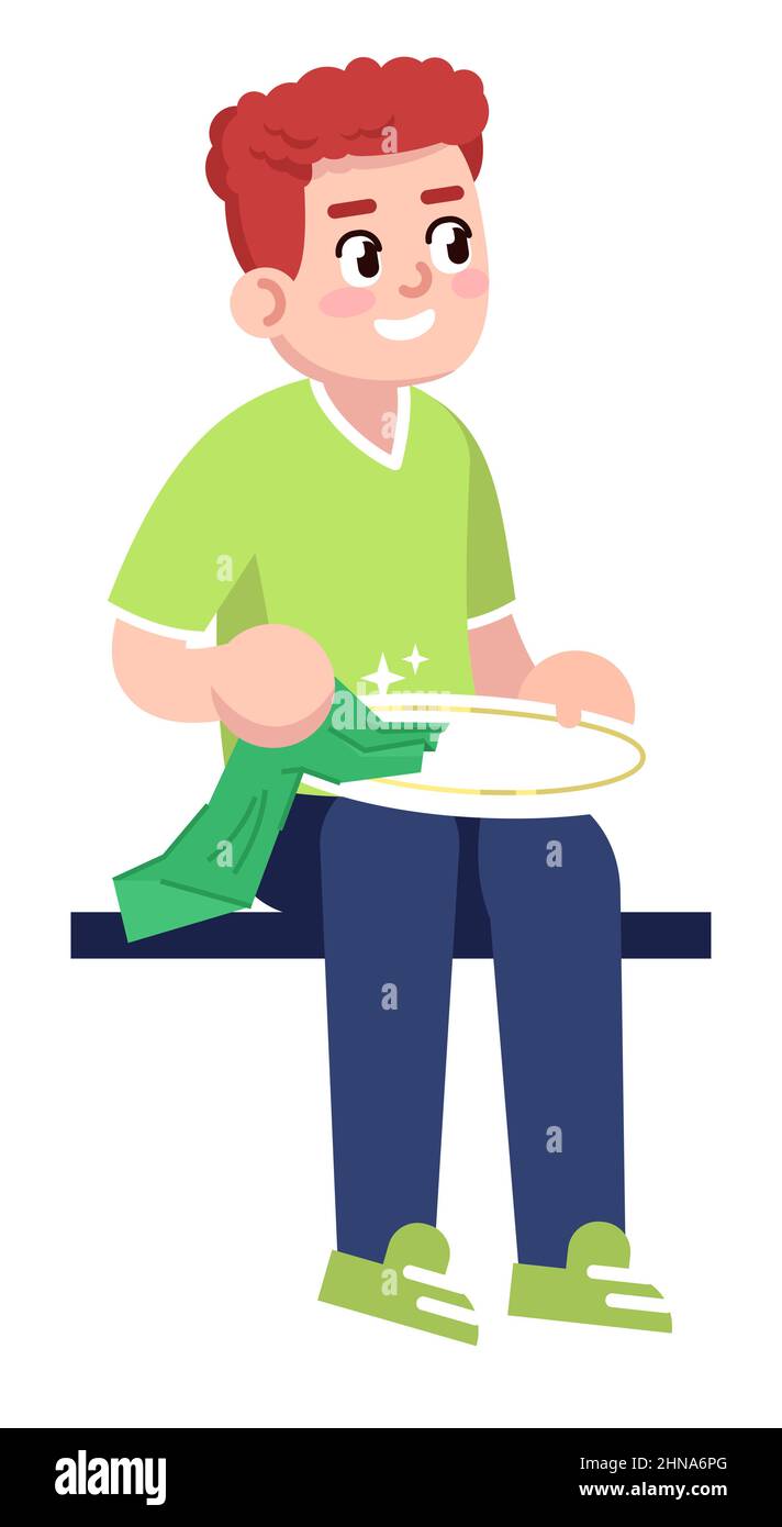 Red haired boy cleaning plate with cloth semi flat RGB color vector