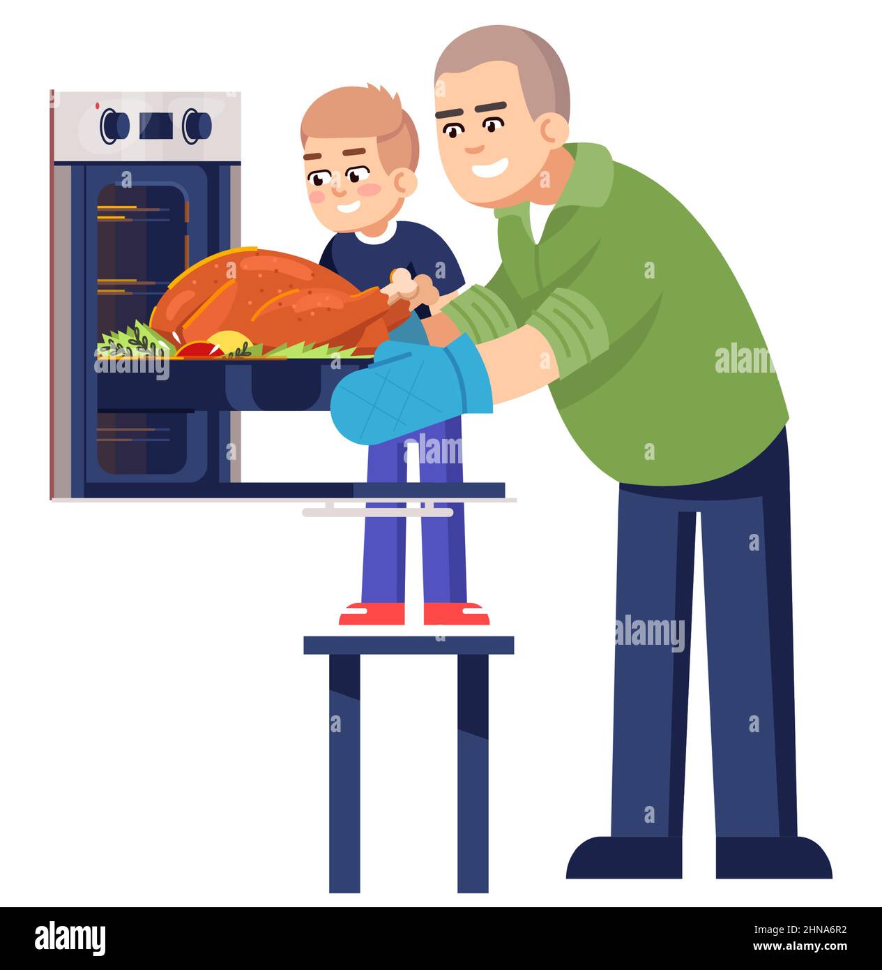 Dad and son baking whole chicken semi flat RGB color vector illustration Stock Vector