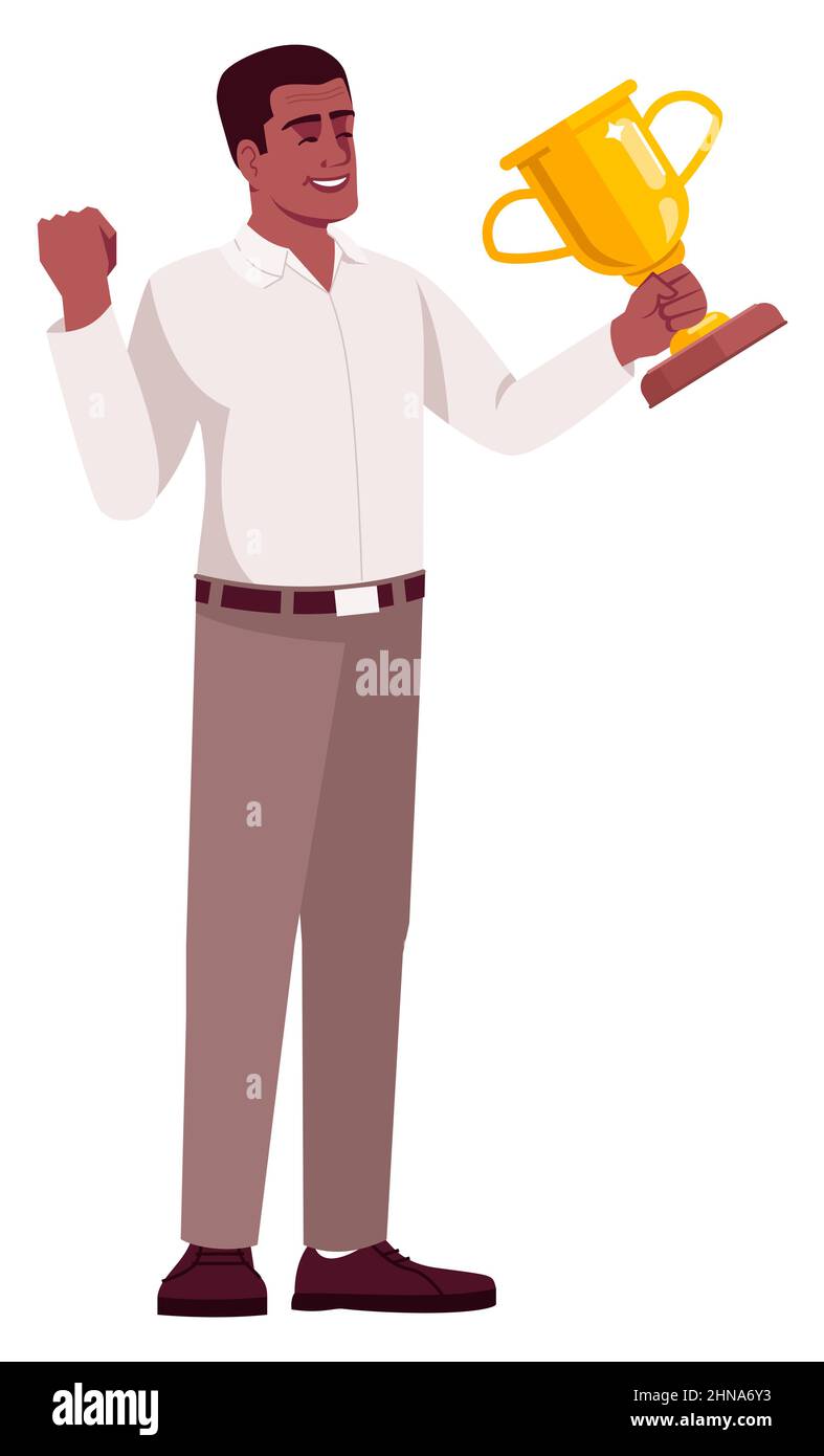 Happy office worker with trophy semi flat RGB color vector illustration Stock Vector