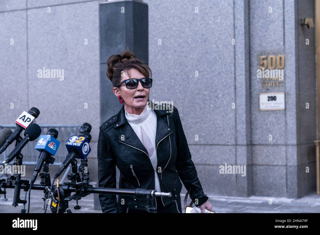 New York, New York, USA. 14th Feb, 2022. Sarah Palin, former Governor of Alaska speaks to media before leaving the court after judge Jed Rakoff dismissed her libel case against The New York Times at U.S. Southern District Court. She briefly addressed the media in front of the court. The jury is still deliberating as the judge made his decision apparently did not know about it. The judge said Palin had failed to show that The New York Times had acted out of malice. (Credit Image: © Lev Radin/Pacific Press via ZUMA Press Wire) Stock Photo