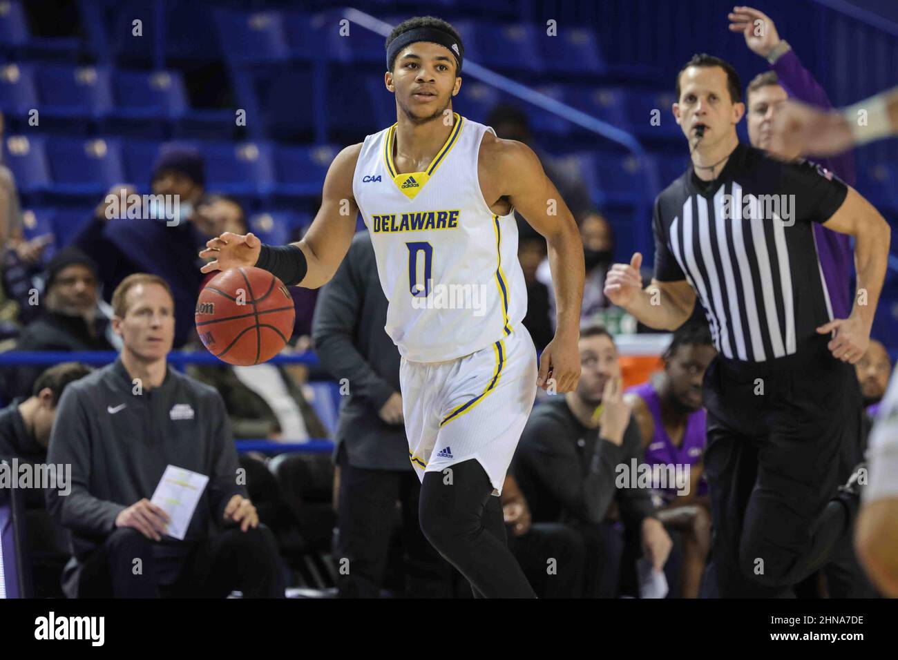 Newark, DE, USA. 14th Feb, 2022. Delaware Guard JAMEER NELSON JR. (0)  dribbles during a CAA regular season contest Monday, Feb 14, 2022; at Bob  Carpenter Center in Newark, DE. (Credit Image: ©
