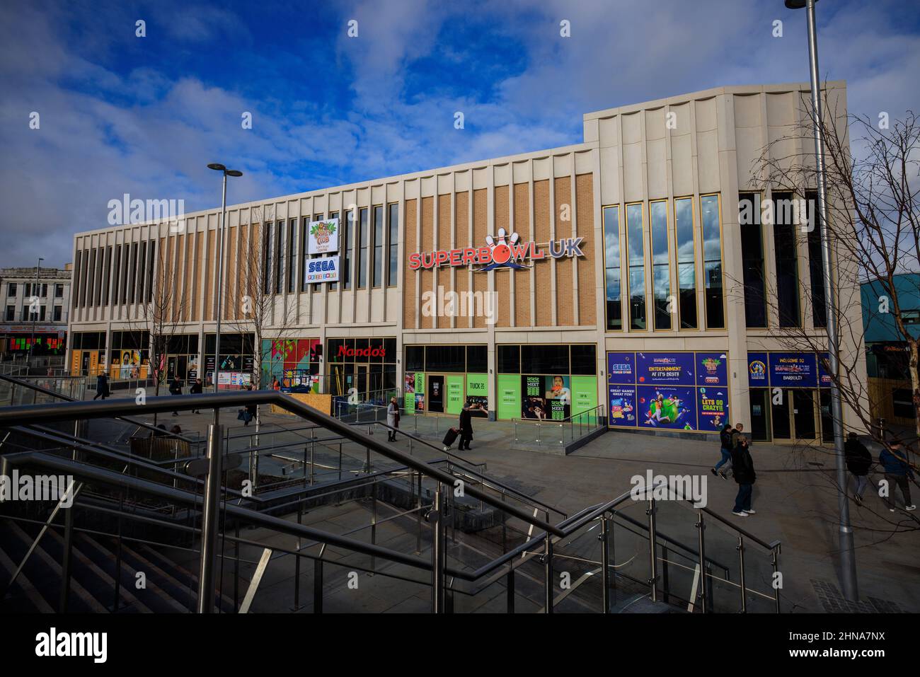The Glass Works Barnsley is a development in Barnsley town centre which contains a shopping mall, restaurants, a cinema and a bowling alley. Barnsley Stock Photo