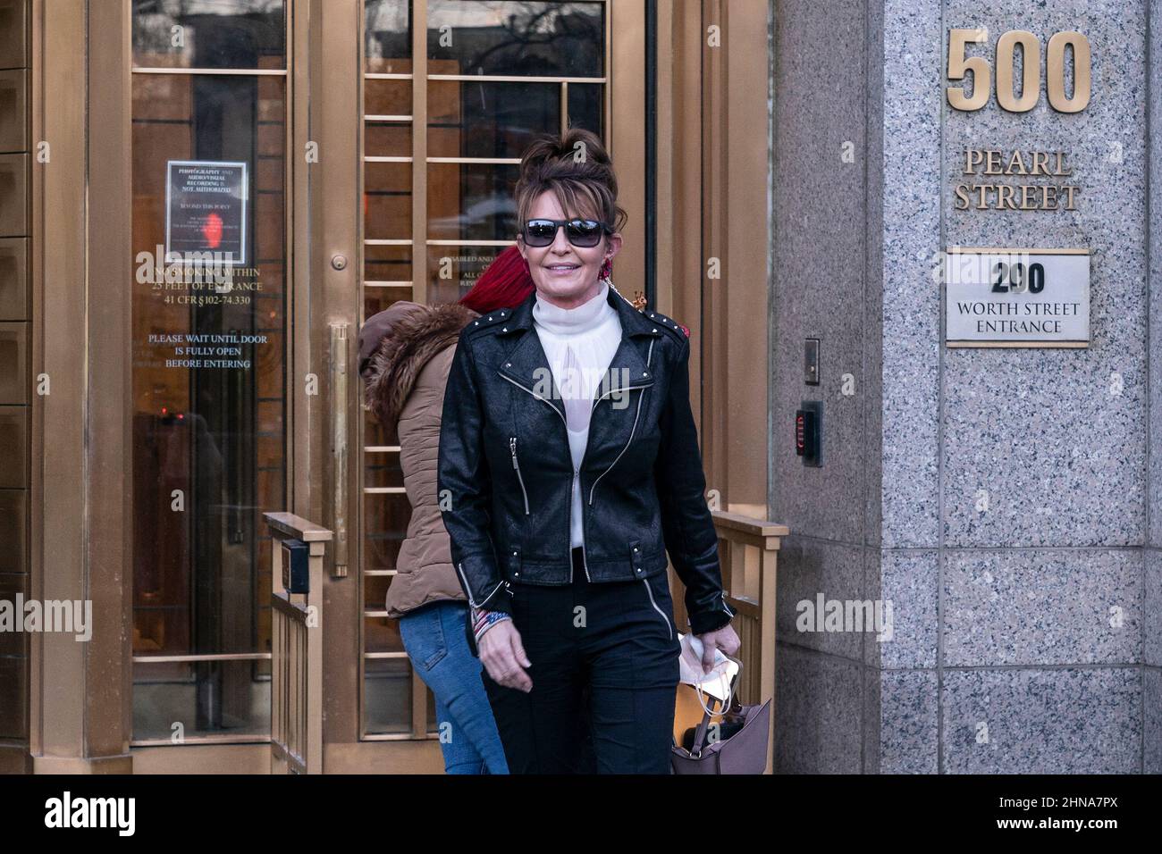 New York, New York, USA. 14th Feb, 2022. Sarah Palin, former Governor of Alaska leaves court after judge Jed Rakoff dismissed her libel case against The New York Times at U.S. Southern District Court. She briefly addressed the media in front of the court. The jury is still deliberating as the judge made his decision apparently did not know about it. The judge said Palin had failed to show that The New York Times had acted out of malice. (Credit Image: © Lev Radin/Pacific Press via ZUMA Press Wire) Stock Photo