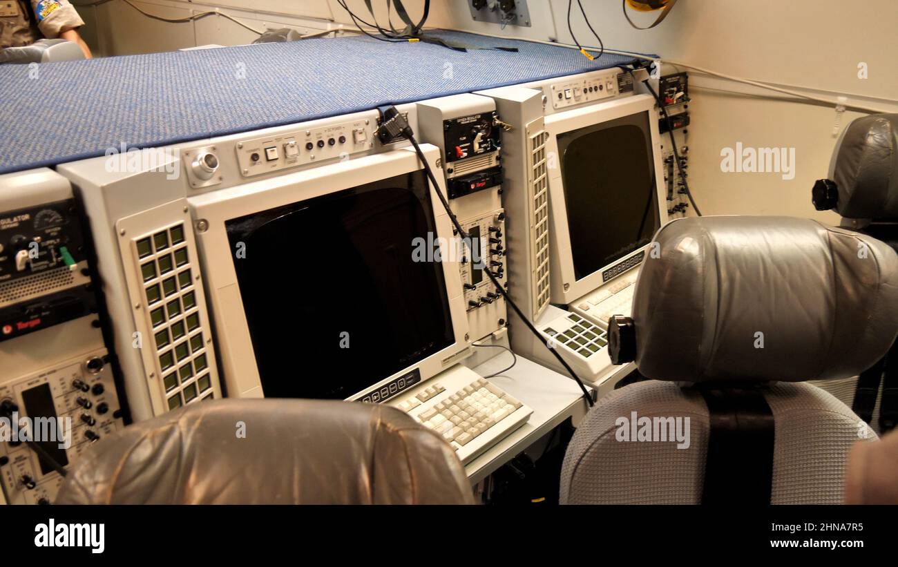 Gran Canaria Airport Canary Islands Spain OCTOBER, 21, 2021 Computer console of the operators of an American spy military plane. Boeing E-3 Sentry AWA Stock Photo