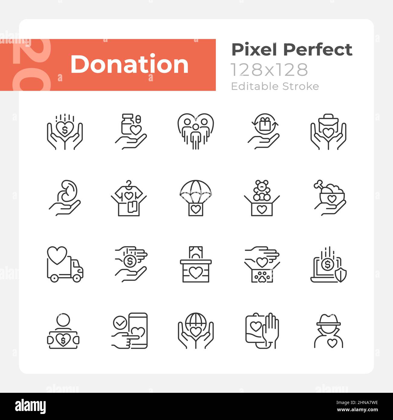 Donation opportunities pixel perfect linear icons set Stock Vector