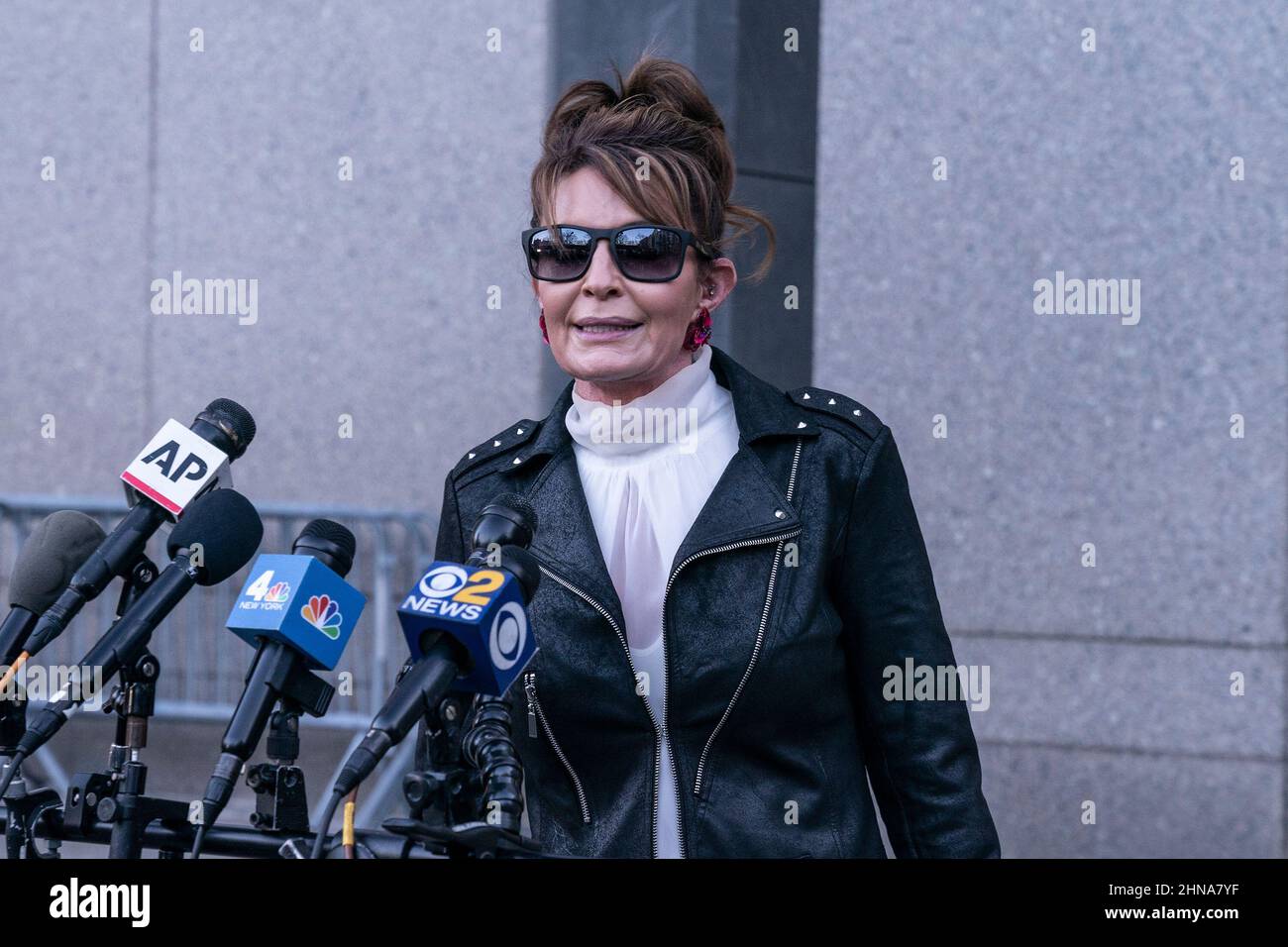 February 14, 2022, New York, New York, United States: Sarah Palin, former Governor of Alaska leaves court after judge Jed Rakoff dismissed her libel case against The New York Times at U.S. Southern District Court. She briefly addressed the media in front of the court. The jury is still deliberating as the judge made his decision apparently did not know about it. The judge said Palin had failed to show that The New York Times had acted out of malice. (Credit Image: © Lev Radin/Pacific Press via ZUMA Press Wire) Stock Photo