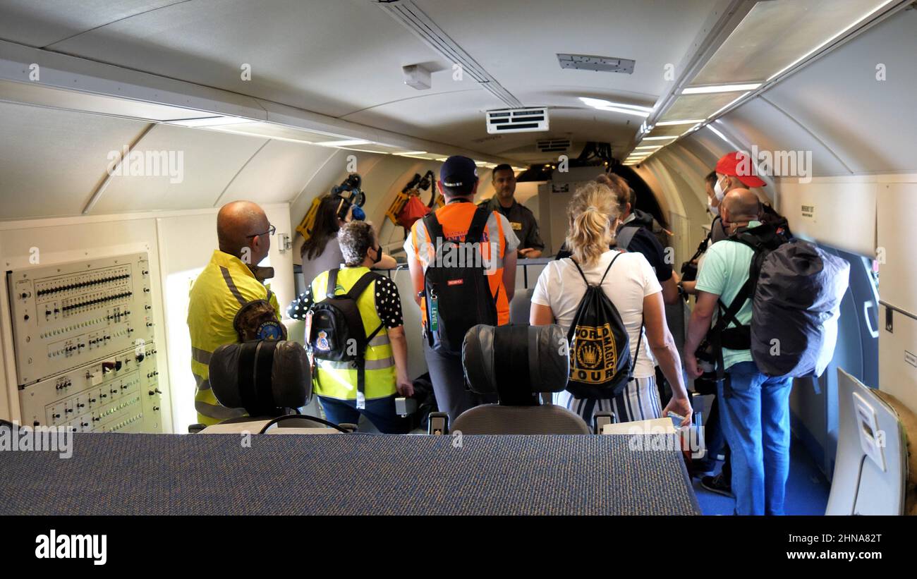 Gando Airport Spain OCTOBER, 21, 2021 Reporters visit the inside of a spy plane used by the Americans to control enemies. Boeing E-3 Sentry AWACS (Air Stock Photo