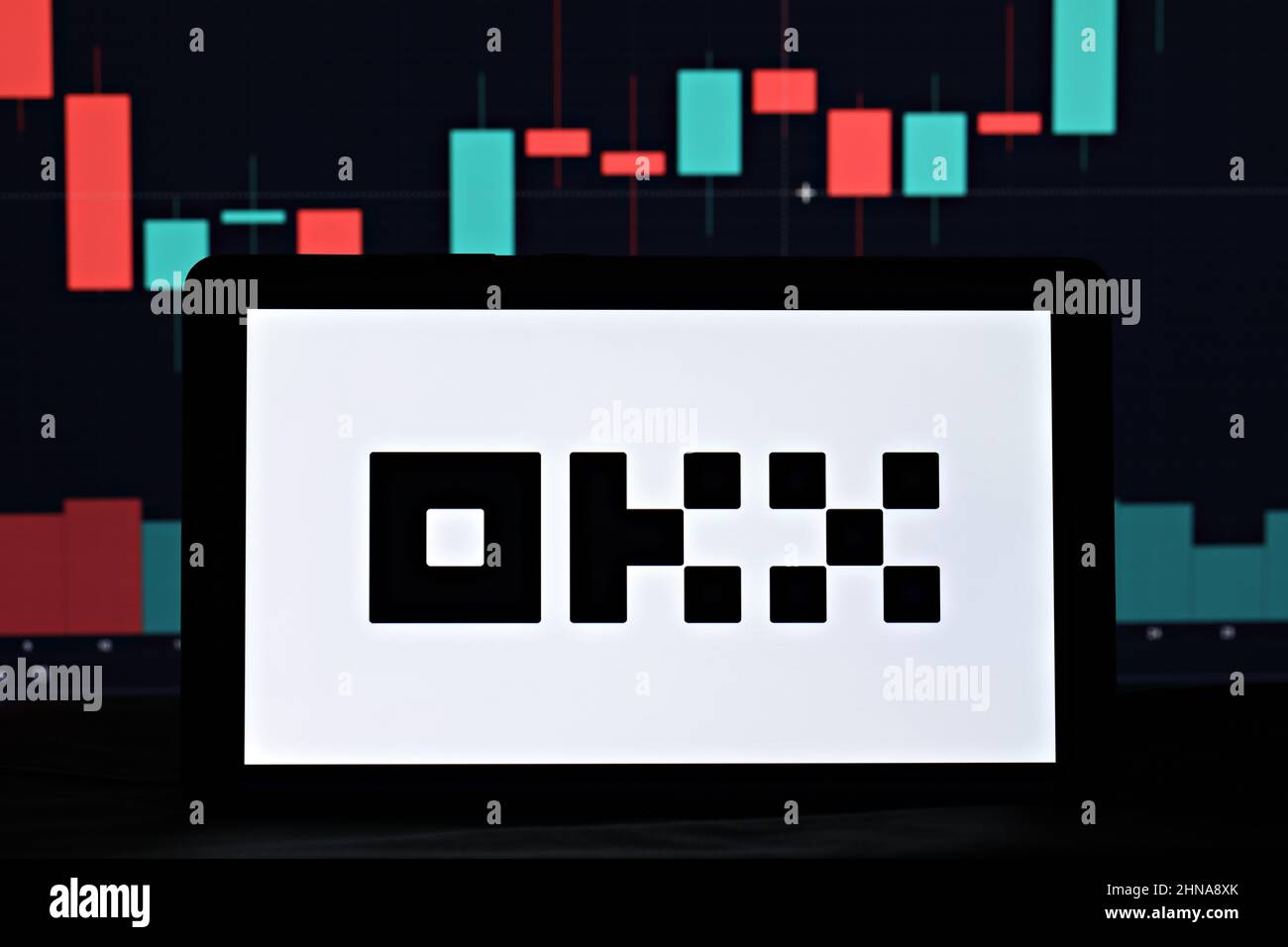 OKX (ex-Okex) editorial. Illustrative photo for news about OKX (ex-Okex) - a cryptocurrency exchange Stock Photo