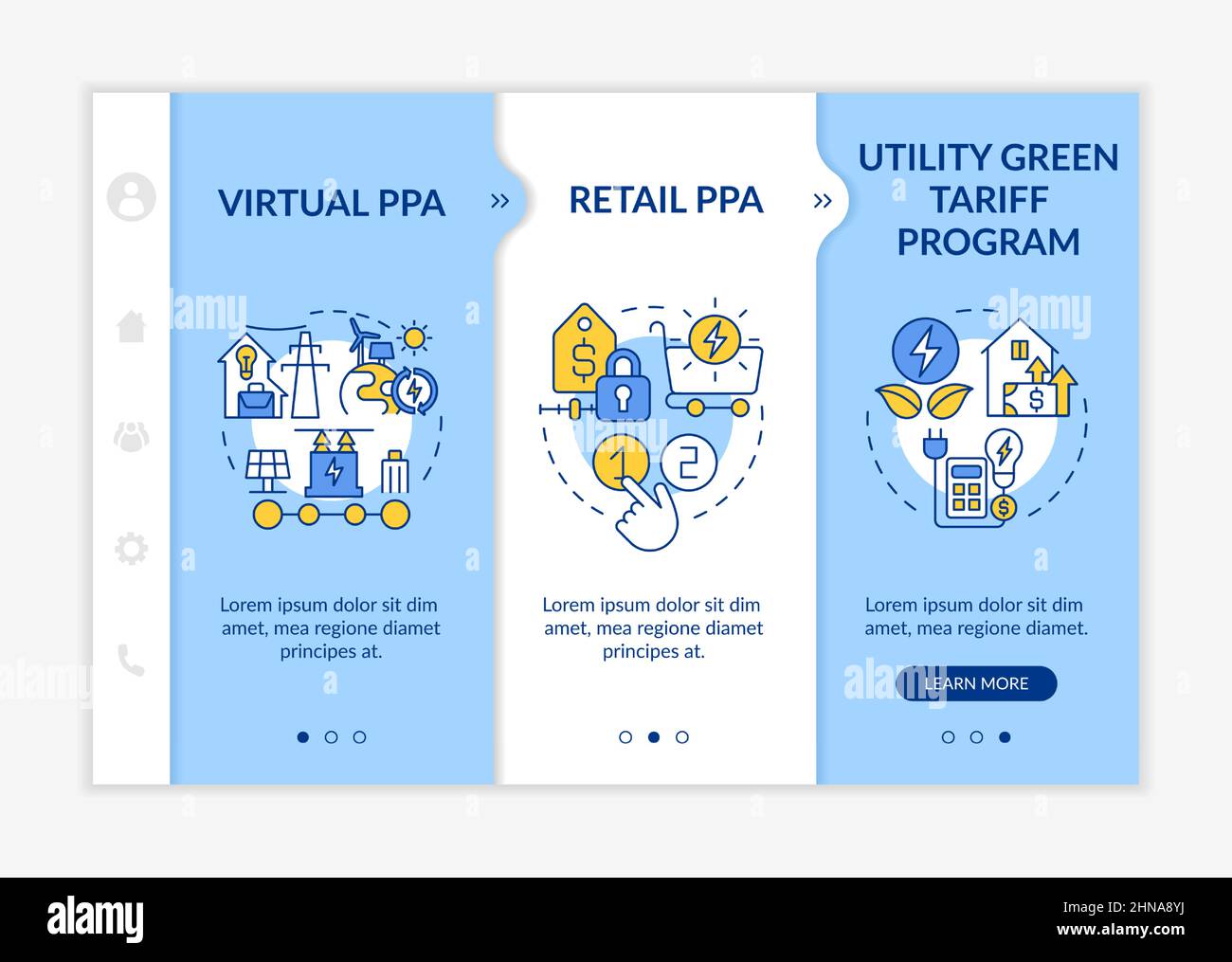 Types of PPA blue and white onboarding template Stock Vector