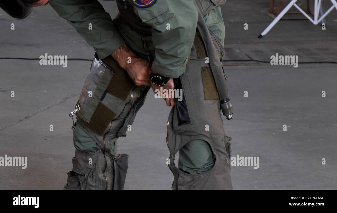 Gran Canaria Airport Spain OCTOBER, 21, 2021 High performance fighter jet military pilot wears anti-g sweatpants Stock Photo