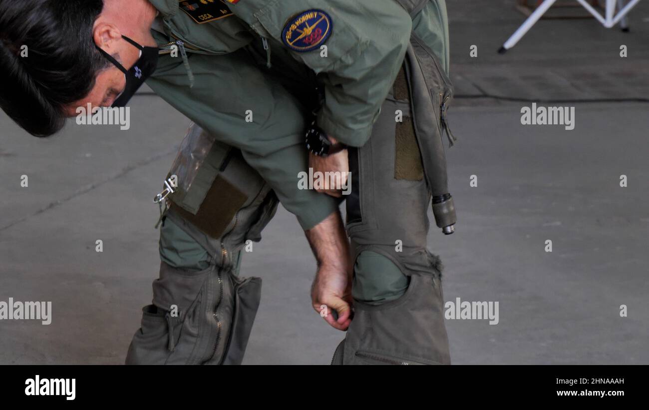 Gran Canaria Airport Spain OCTOBER, 21, 2021 High-performance fighter jet military pilot prepares for the flight mission wearing anti-g sweatpants Stock Photo