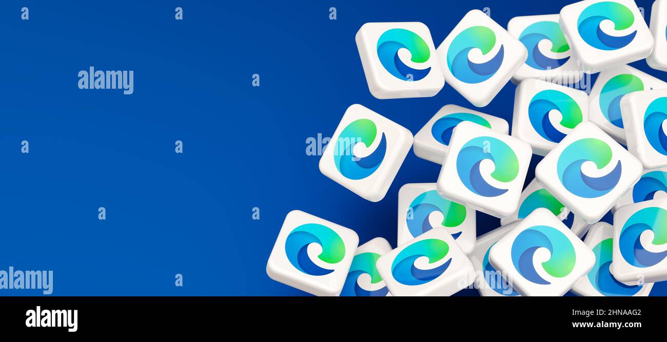 Guilherand-Granges, France - February 14, 2022. Cubes with Microsoft Edge logo. Cross-platform web browser developed by Microsoft. Stock Photo