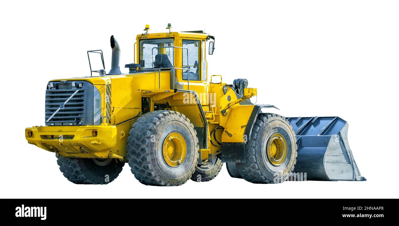 Yellow wheeled loader or excavator isolated on white background Stock Photo