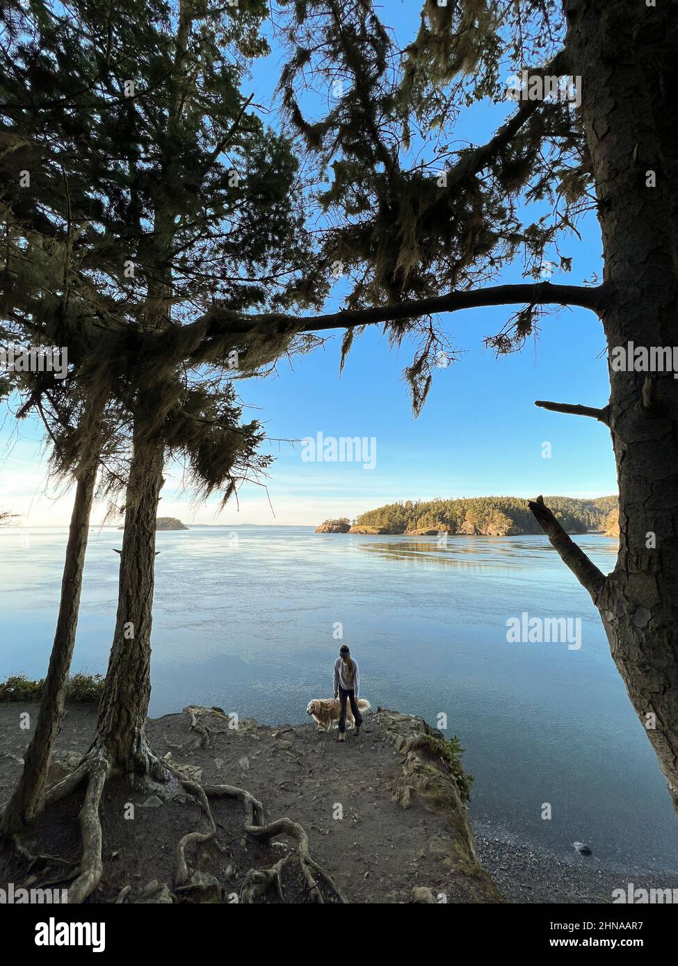 Female and dog posing on a cliff at Deception Pass State Park Stock Photo
