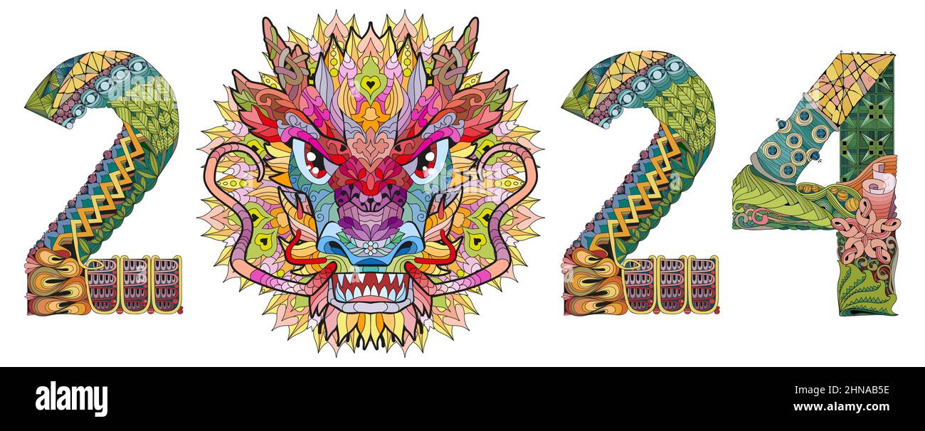Hand drawn zentangle dragon number 2024 for tshirt and other
