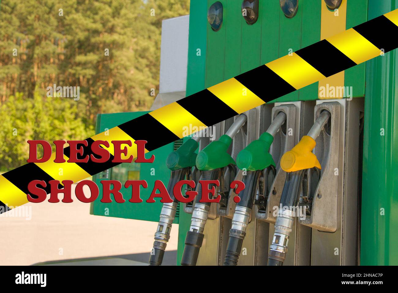 Gas station closed. Petrol pump not work. Black and yellow line of