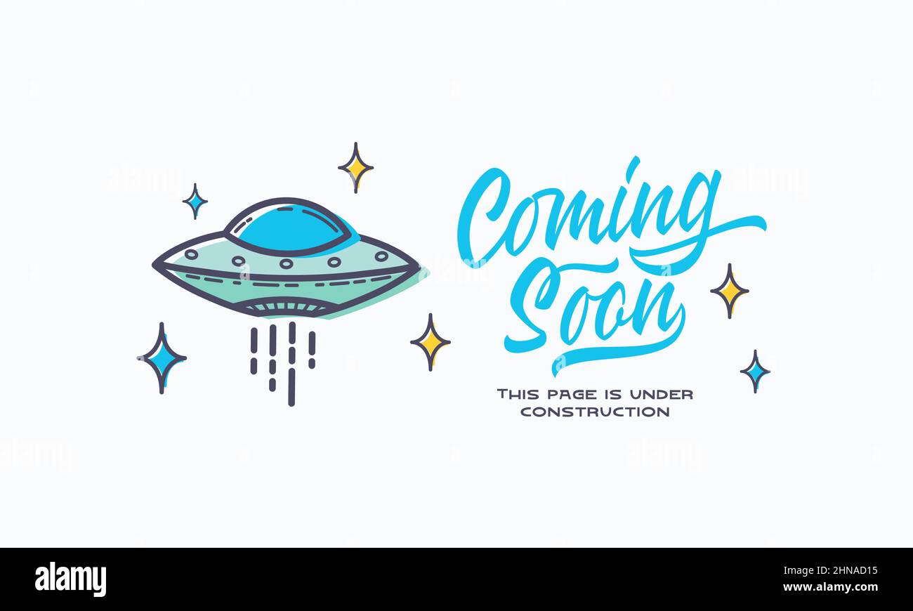 Coming soon lettering with outlined UFO sign web template. Page under construction website vector colorful banner background Isolated Stock Vector