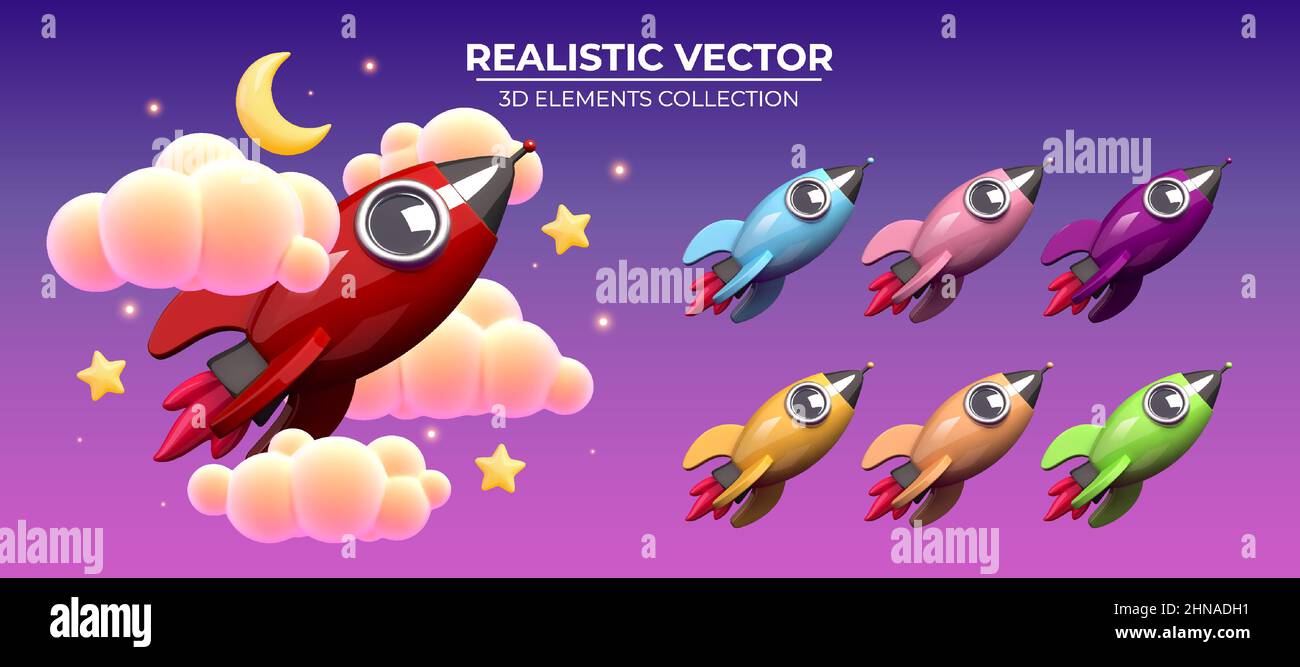 A set of multi-colored rockets flying in the night sky. Realistic rocket surrounded by beautiful clouds and stars. Decorative elements in render style for web design. Realistic vector objects Stock Vector