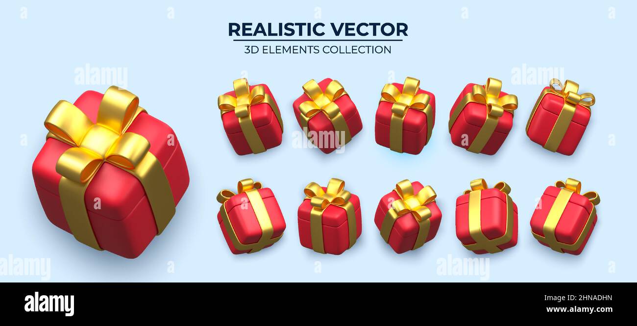 Set of Realistic red gifts boxes isolated on a blue background. 3d illustration of springly red gift boxes with golden bows and ribbons, Decorative 3d render object Realistic vector decor Stock Vector